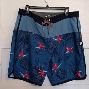 Hurley Phantom Men's Board Shorts Size 34 Length 18 Blue Floral Drawstring